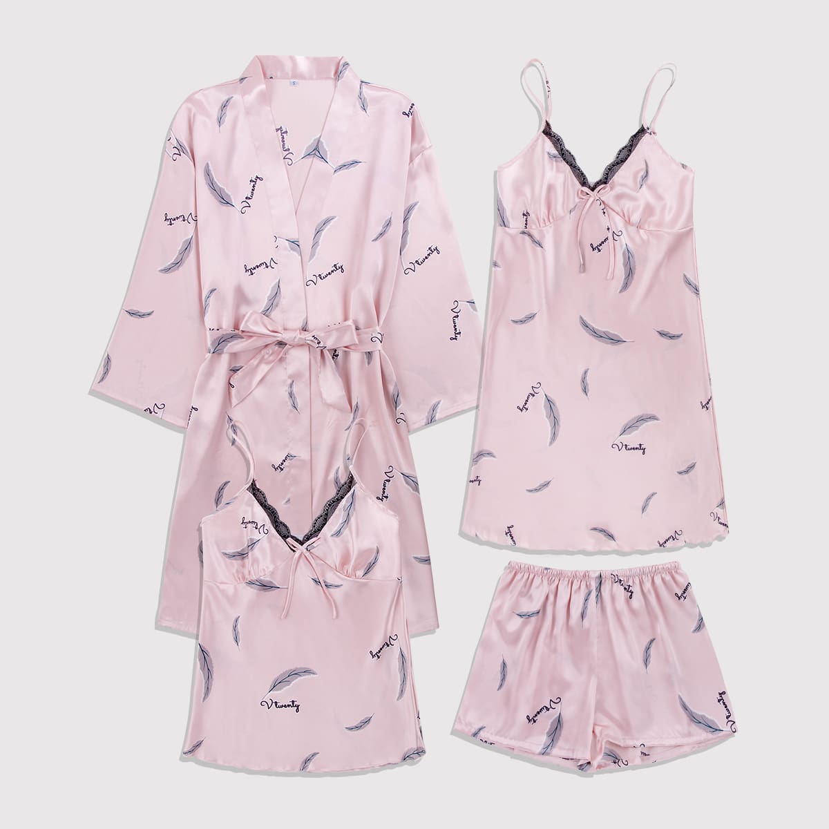 

4Pcs Feather Print Satin Cami Dress With PJ Set & Robe, Baby pink