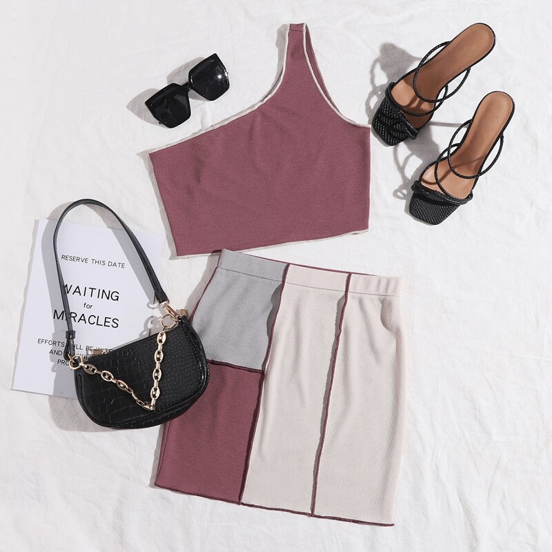 

One Shoulder Top & Colorblock Contrast Stitch Skirt Set, Multicolor