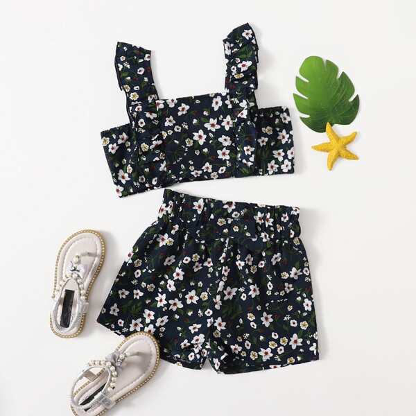 

Toddler Girls Floral Print Ruffle Trim Crop Top & Shorts, Navy blue