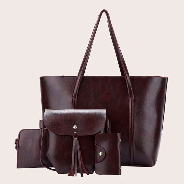 

4pcs Tassel Decor Tote Bag Set, Maroon