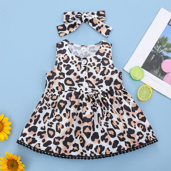 

Baby Girl Lace Trim Leopard Dress With Headband, Multicolor