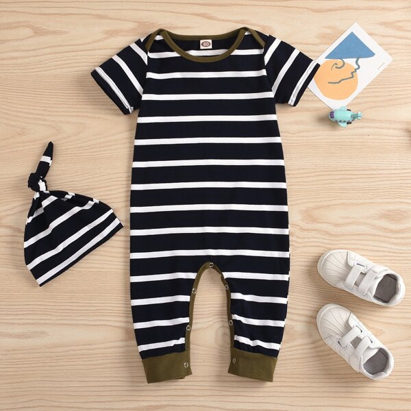 

Baby Boy Striped Jumpsuit & Hat, Blue and white