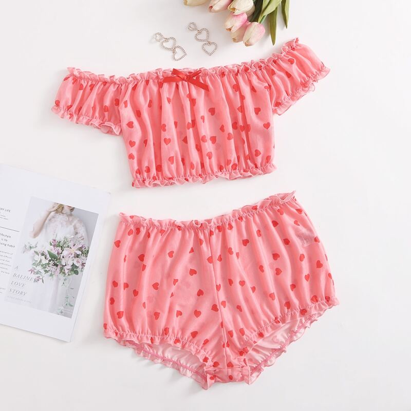 

Heart Print Mesh Frill Trim Lingerie Set, Pink