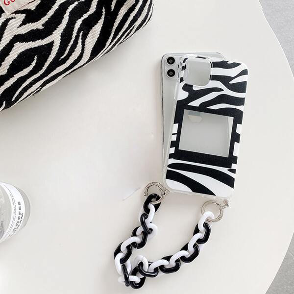 

Zebra Striped Clear Hand Strap Phone Case, Black and white