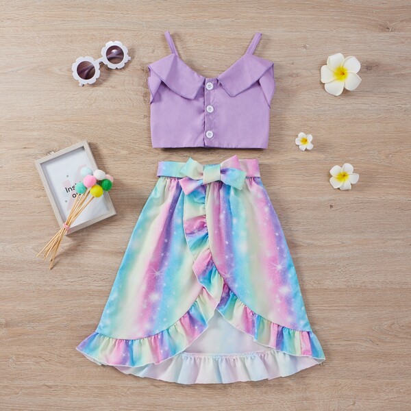 

Toddler Girls Button Front Cami Top With Wrap Skirt, Multicolor