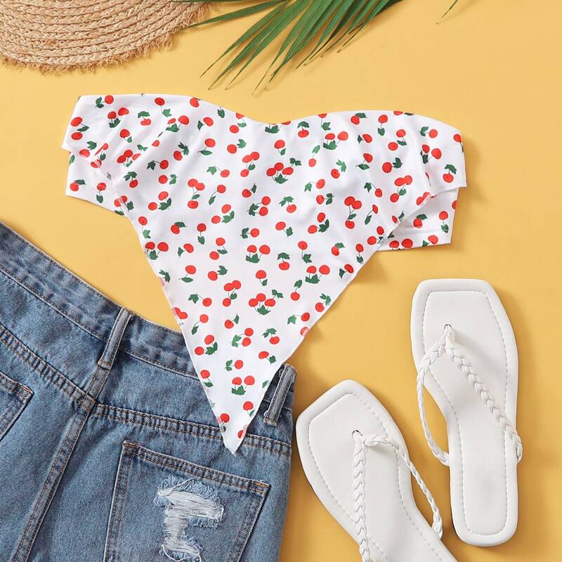 

Asymmetrical Hem Cherry Print Tube Top, Multicolor