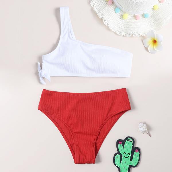 

Girls Two Tone Rib One Shoulder Bikini Swimsuit, Red and white