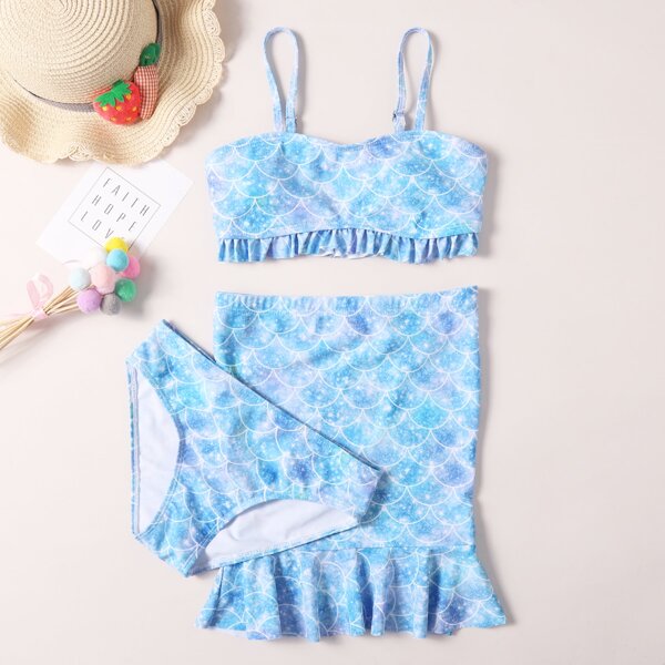

3pack Girls Fish Scales Ruffle Bikini Swimsuit, Baby blue