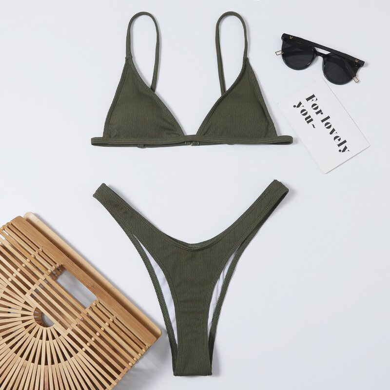 

Rib High Cut Bikini Swimsuit, Army green