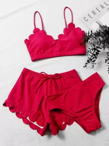 Scallop Trim Tie Front Bikini Set Cover Up Shorts, For Summer Beach Vacation - Red - View 1
