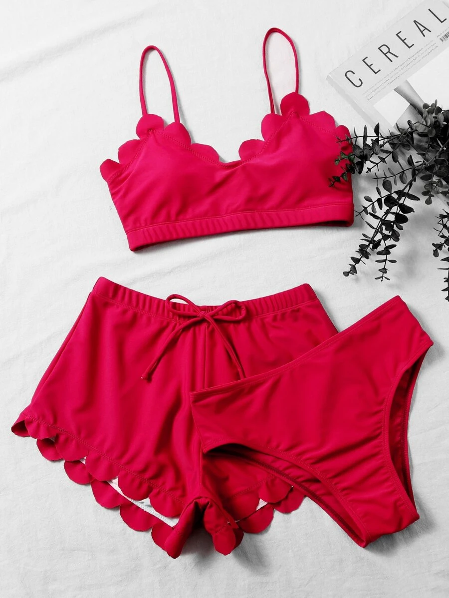 Scallop Trim Tie Front Bikini Set Cover Up Shorts, For Summer Beach Vacation - Red - View 1