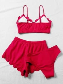Scallop Trim Tie Front Bikini Set Cover Up Shorts, For Summer Beach Vacation - Red - View 2