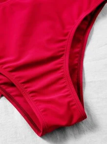 Scallop Trim Tie Front Bikini Set Cover Up Shorts, For Summer Beach Vacation - Red - View 3
