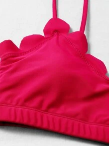 Scallop Trim Tie Front Bikini Set Cover Up Shorts, For Summer Beach Vacation - Red - View 4