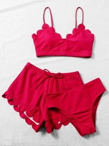 Scallop Trim Tie Front Bikini Set Cover Up Shorts, For Summer Beach Vacation - Red - View 5