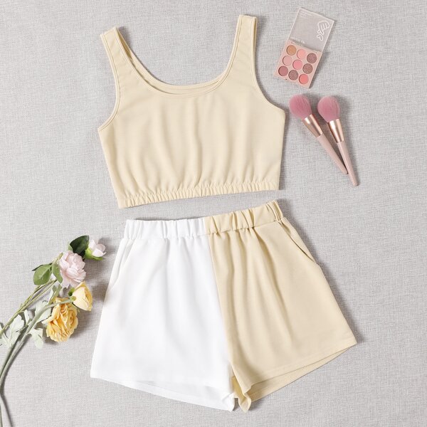 

Scoop Neck Tank Top & Spliced Shorts, Multicolor