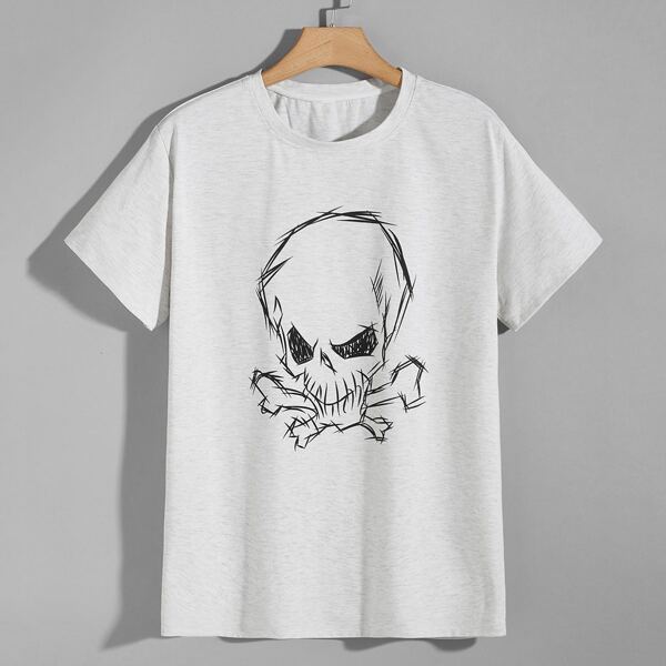 

Men Skull Print Round Neck Tee, Light grey