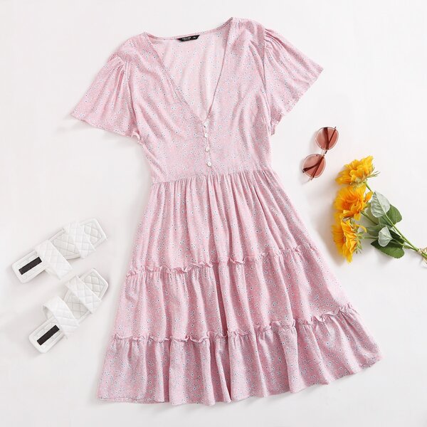 

Plus Buttoned Front Frill Trim Ditsy Floral Dress, Baby pink