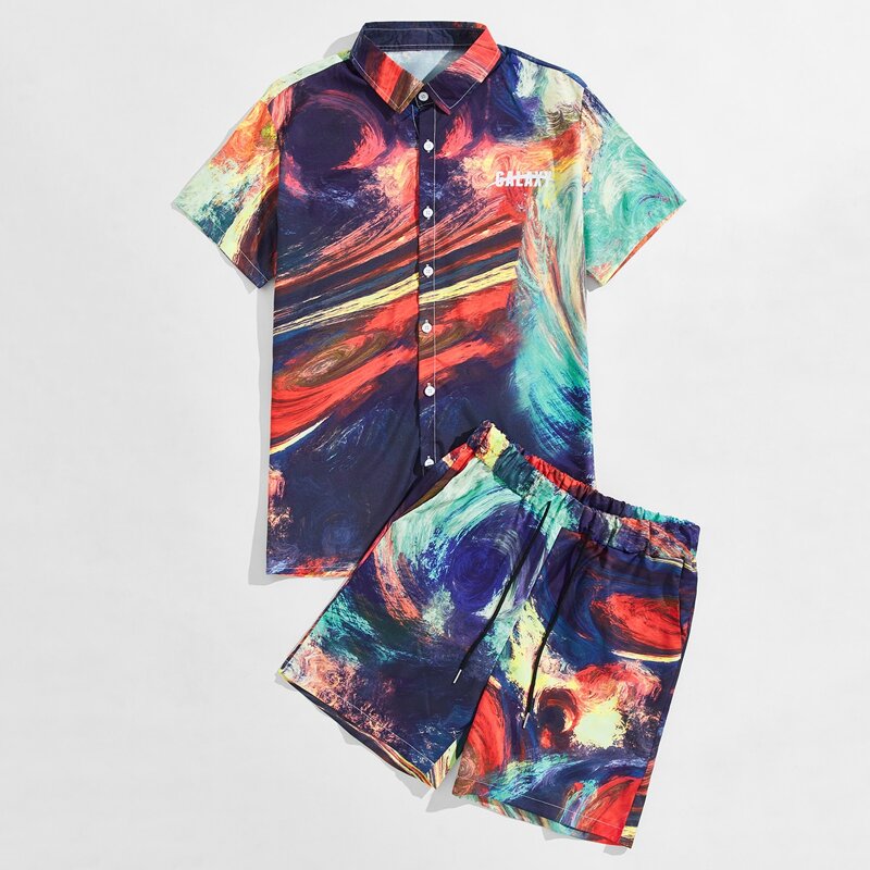 

Guys Allover Print Button Up Shirt & Drawstring Shorts, Multicolor