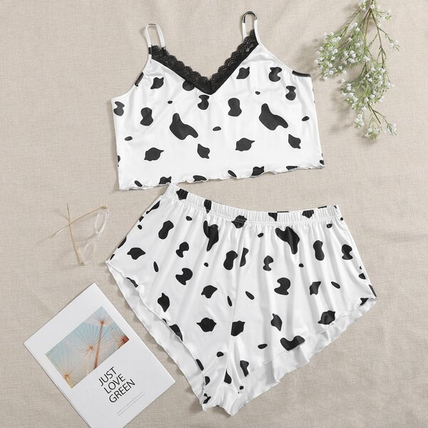 

Plus Cow Print Contrast Lace Cami PJ Set, White