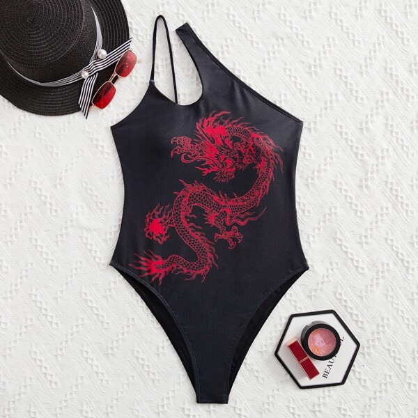 

Chinese Dragon Cut-out One Piece Swimsuit, Black