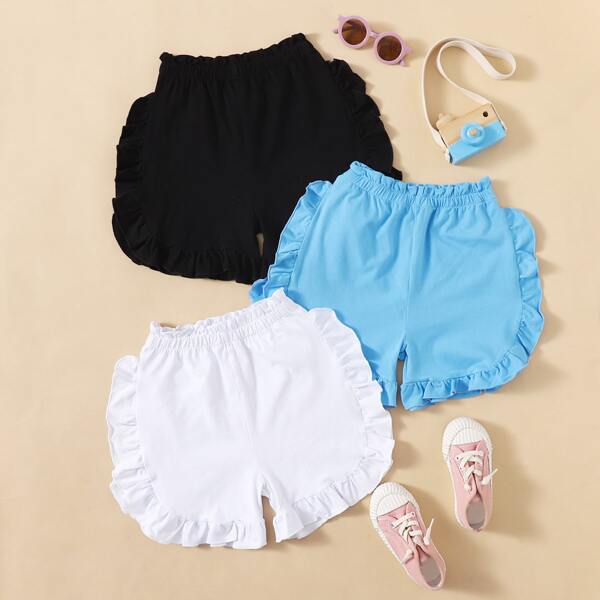 

Girls 3pcs Ruffle Trim Paper Nag Waist Shorts, Multicolor