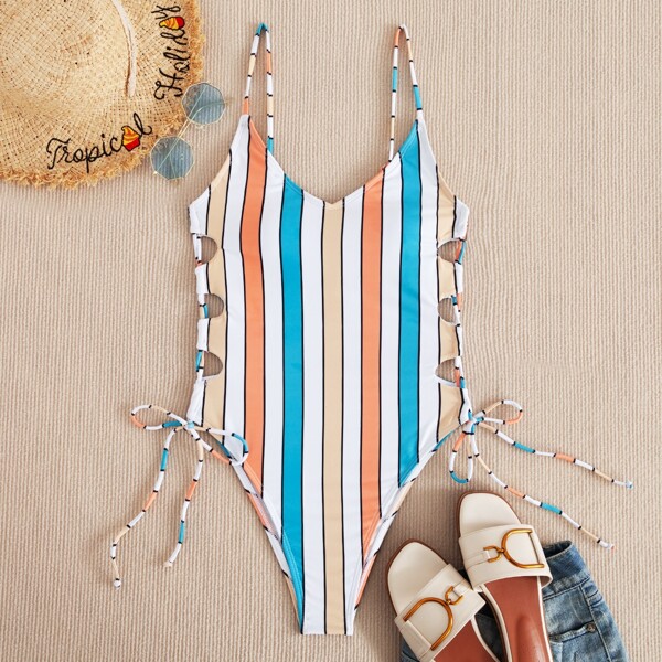 

Striped Lace-up Side One Piece Swimsuit, Multicolor