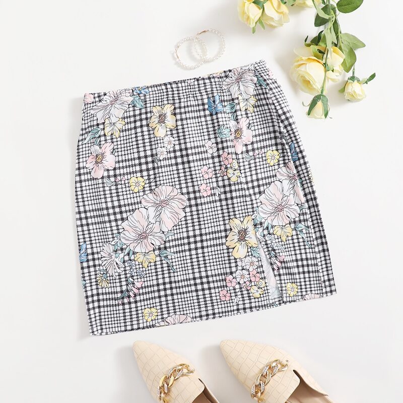 

Floral & Houndstooth Print Skirt, Multicolor