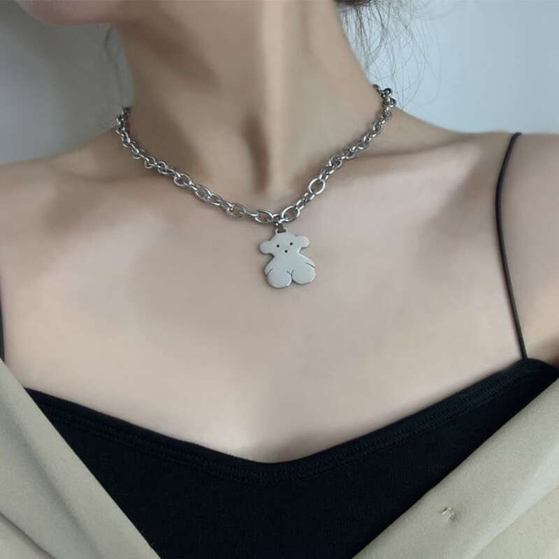 

1pc Bear Pendant Chain Necklace, Silver