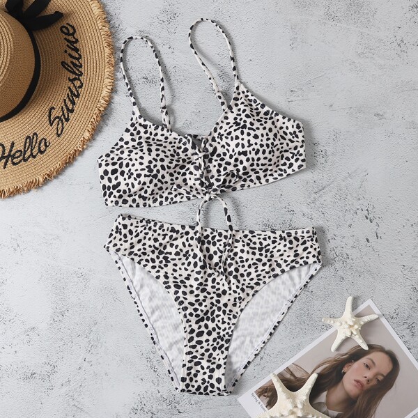 

Dalmatian Rib Tie Front Bikini Swimsuit, Multicolor