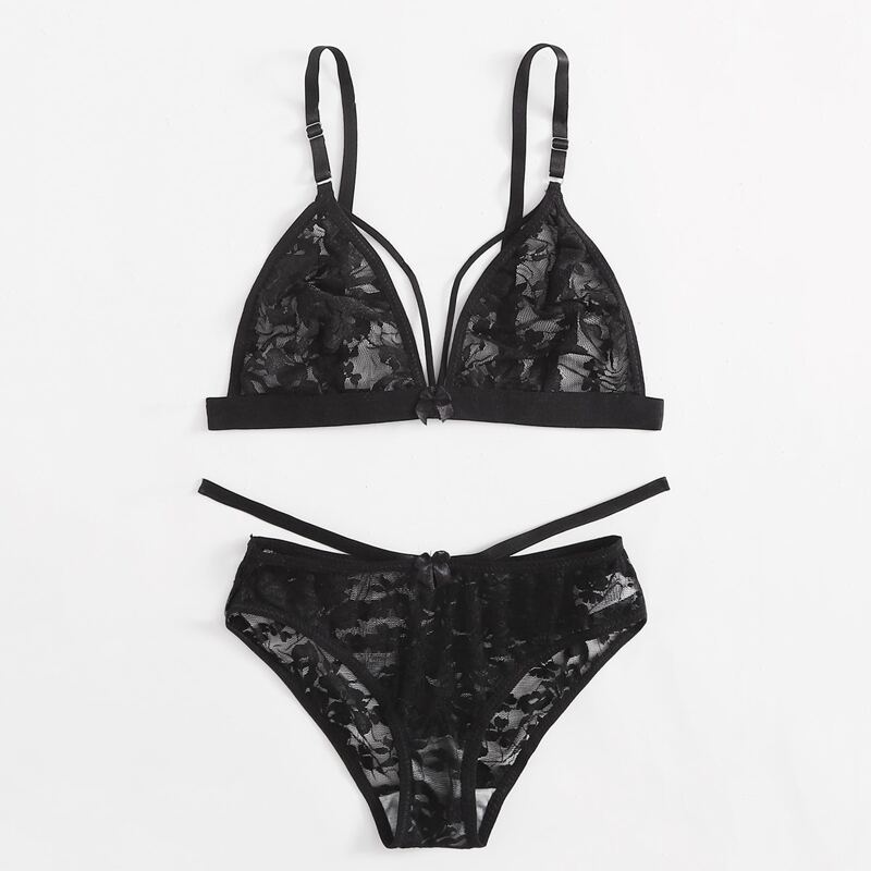 

Floral Lace Sheer Lingerie Set, Black