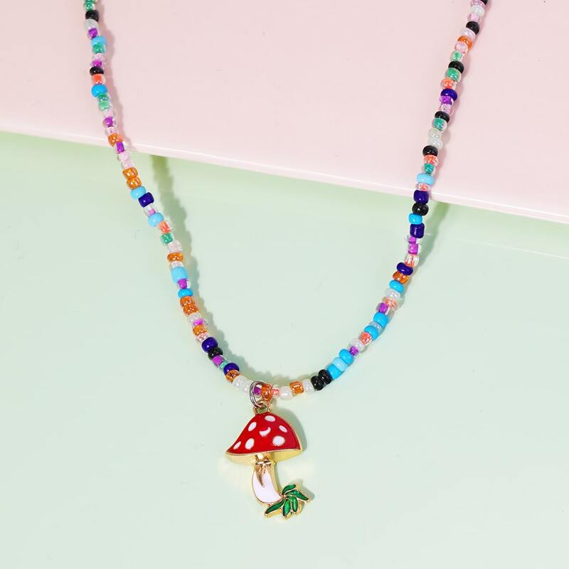 

1pc Mushroom Pendant Beaded Necklace, Multicolor