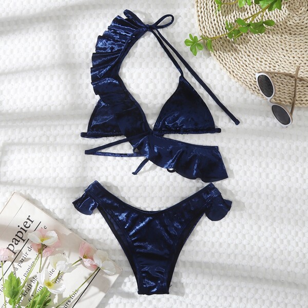 

Ruffle Criss Cross Halter Bikini Swimsuit, Navy blue