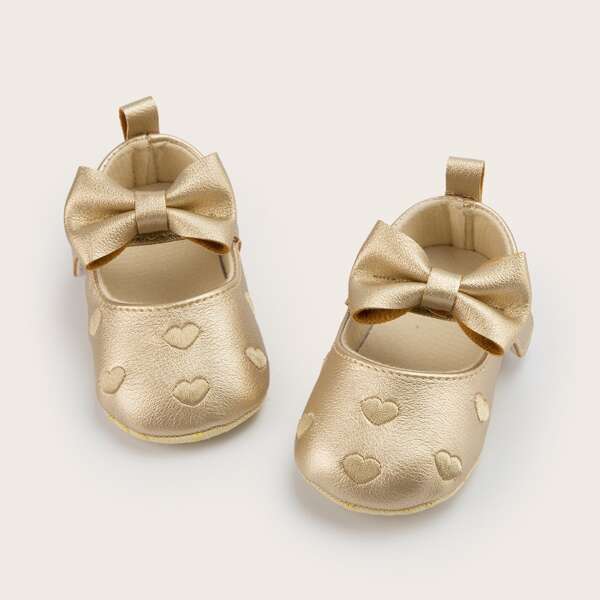 

Baby Girl Heart Embroidered Bow Decor Flats, Gold