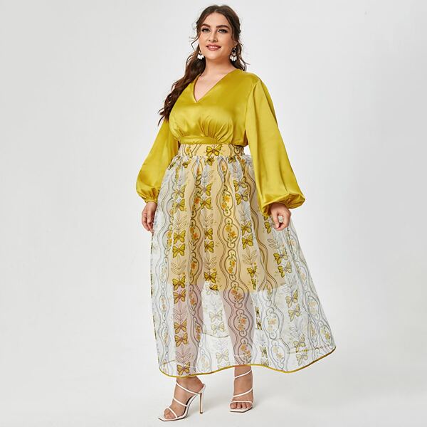 

Plus Bishop Sleeve Top & Butterfly Print Skirt Set, Multicolor
