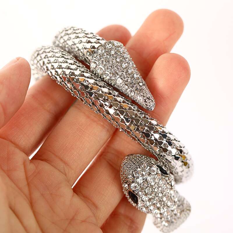 

1pc Rhinestone Snake Wrap Bangle, Silver