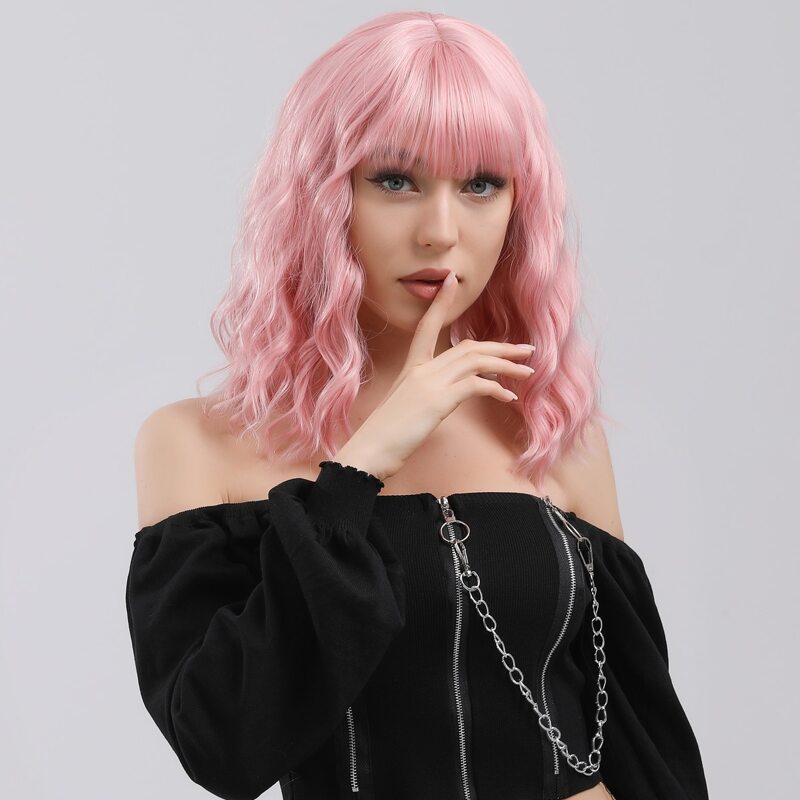 

Natural Curly Wig With Bangs, Baby pink