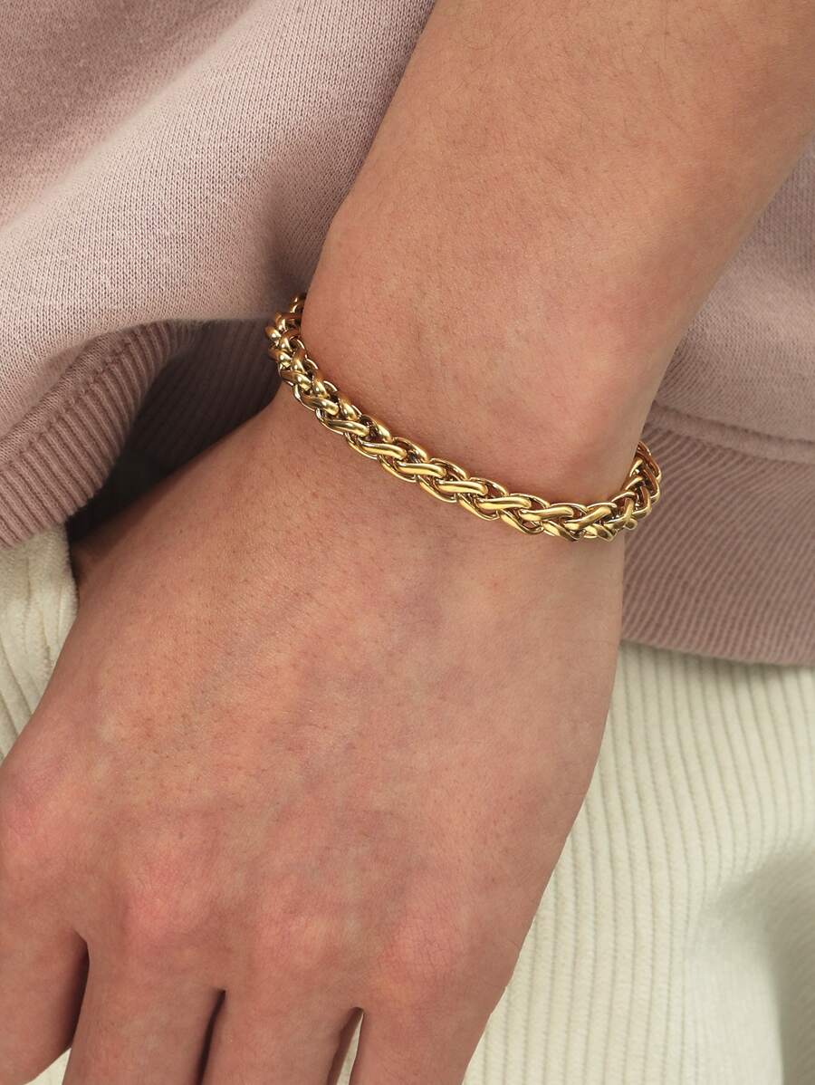 時尚流行男士簡約鍊式手鍊不銹鋼，適合珠寶禮物和時尚外觀 - 金黃色 - 查看 1