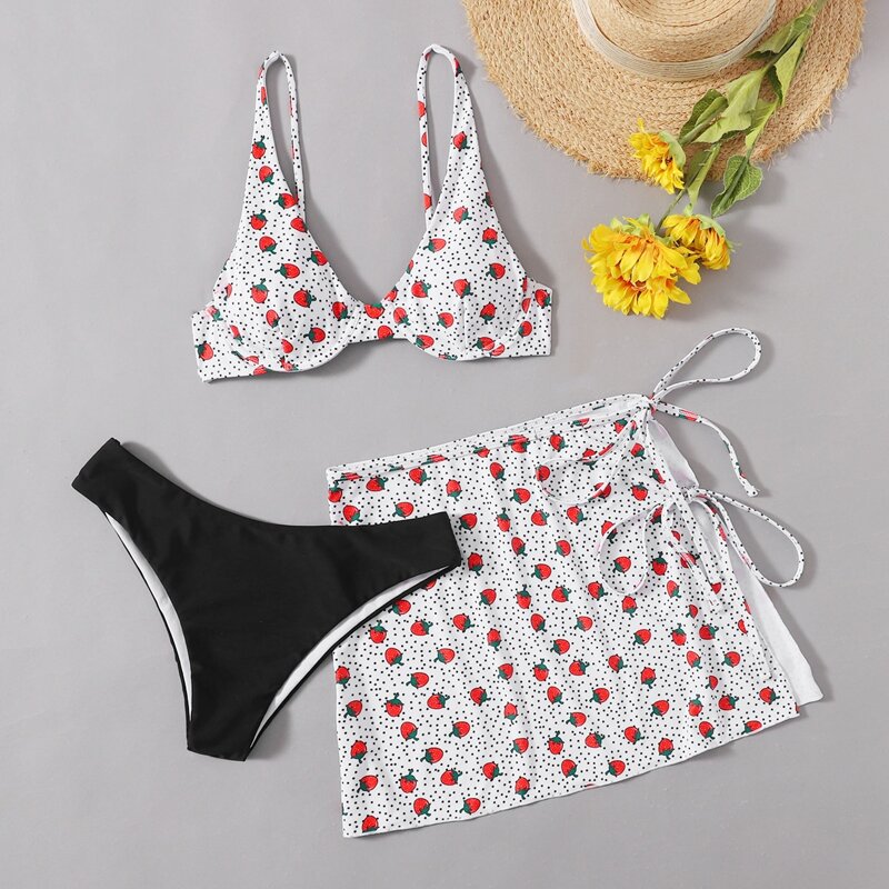 

3pack Strawberry Bikini Swimsuit With Beach Skirt, Multicolor