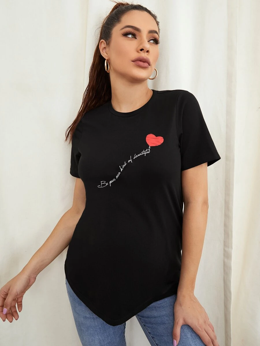 SHEIN Maternity Heart Graphic Short Sleeve Tee - Black - View 1
