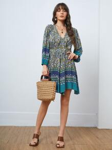 SHEIN WYWH 燈籠袖交叉領手帕邊佩斯利洋裝