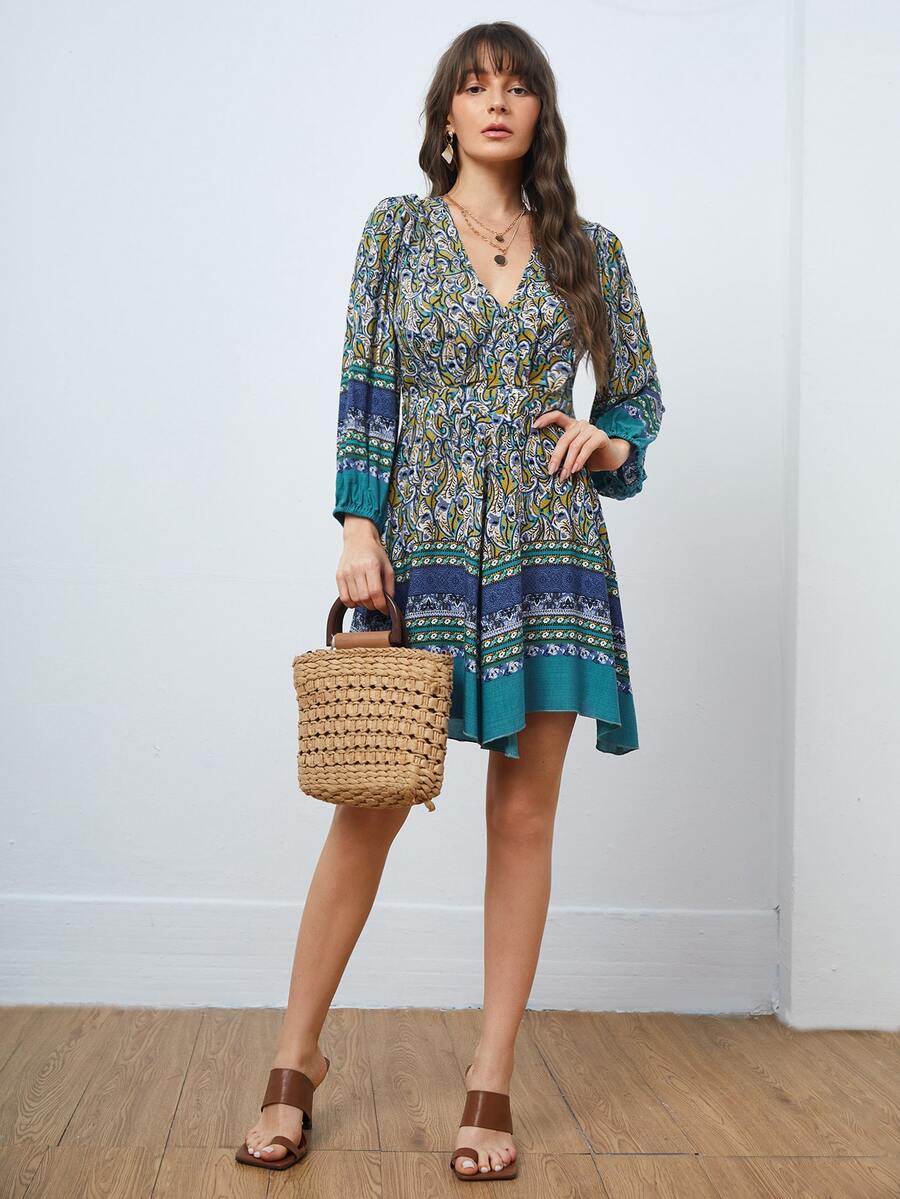 SHEIN WYWH 燈籠袖交叉領手帕邊佩斯利洋裝