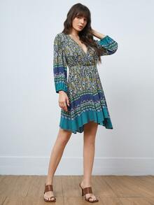 SHEIN WYWH 燈籠袖交叉領手帕邊佩斯利洋裝