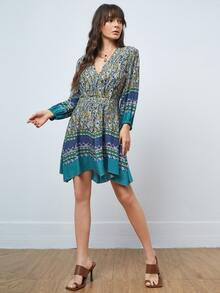 SHEIN WYWH 燈籠袖交叉領手帕邊佩斯利洋裝