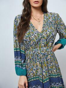 SHEIN WYWH 燈籠袖交叉領手帕邊佩斯利洋裝