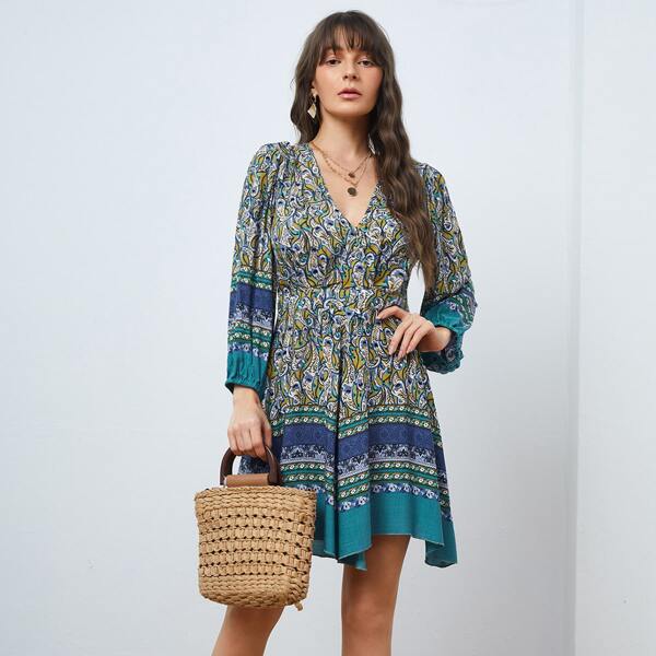 

Lantern Sleeve Surplice Neck Hanky Hem Paisley Dress, Multicolor
