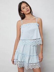 SHEIN 緹花蕾絲下擺吊帶上衣和多層半身裙套裝 - 淺藍色 - 查看 3