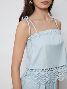 SHEIN 緹花蕾絲下擺吊帶上衣和多層半身裙套裝 - 淺藍色 - 查看 5