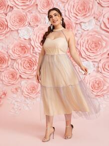 Modelyn Plus 1 PC Mesh Yoke Ruffle Hem Dress - Apricot - View 4