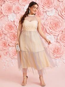 Modelyn Plus 1 PC Mesh Yoke Ruffle Hem Dress - Apricot - View 1